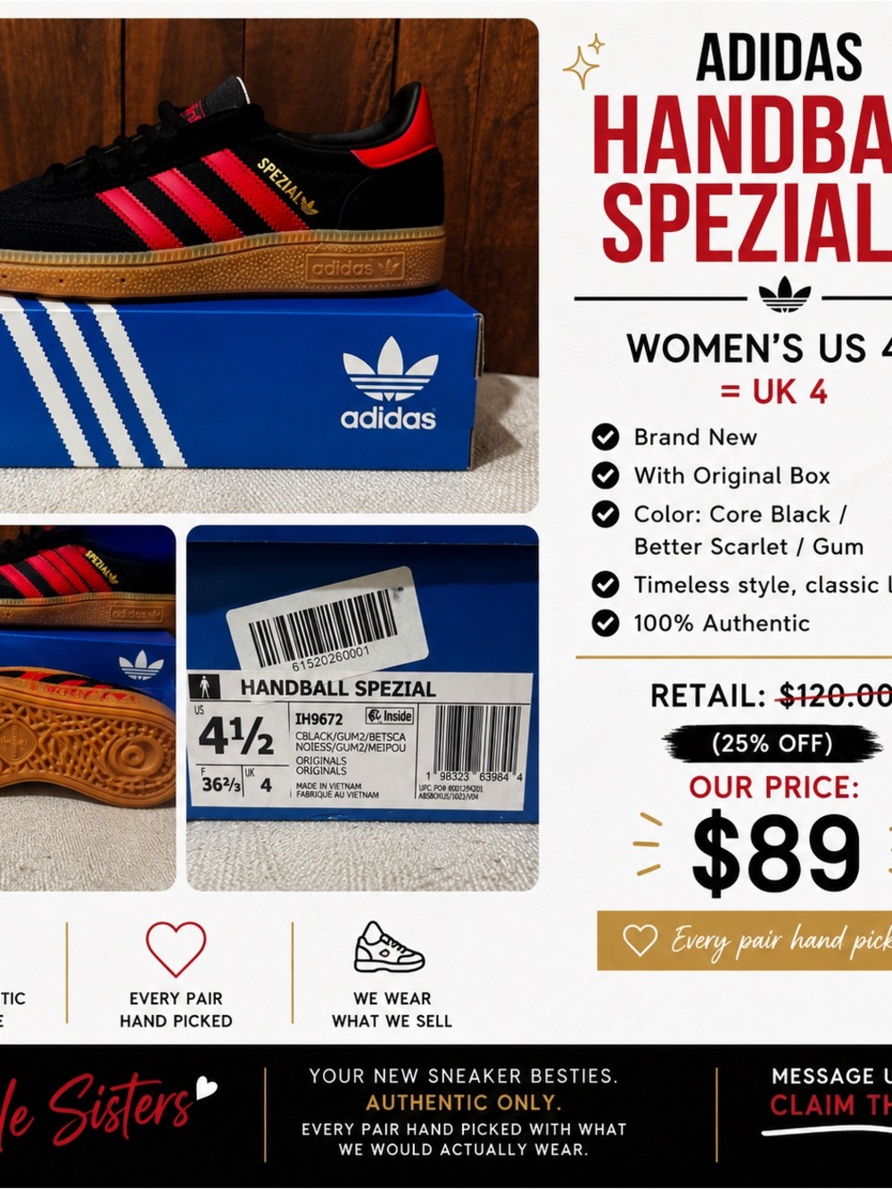 adidas Handball Spezial Women’s Sneakers - Black / Red / Gum